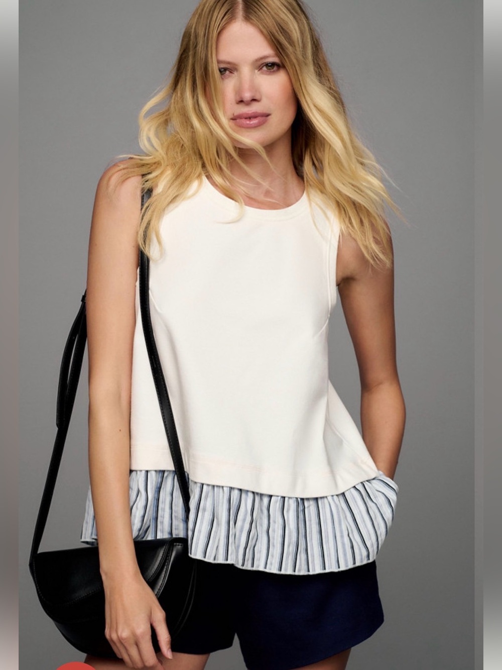 Anthropologie Cream Crewneck  Sleeveless Top with ruffle Han